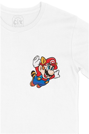 Uçan Mario Cep Logo Tasarımlı Beyaz Tişört