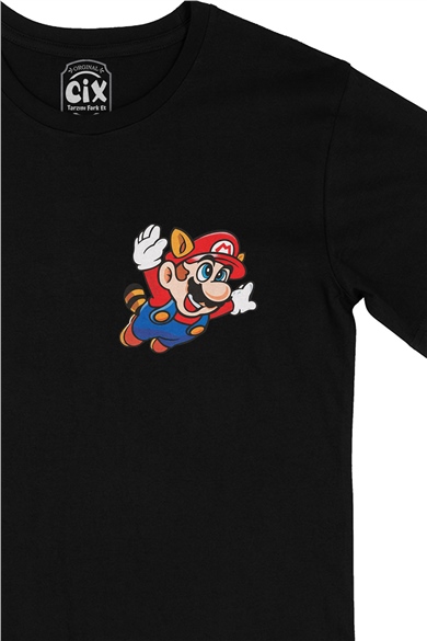 Uçan Mario Cep Logo Tasarımlı Siyah Tişört