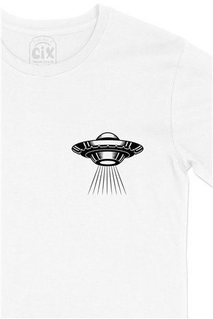 Ufo Tasarımlı Cep Logo Tasarımlı Beyaz Tişört