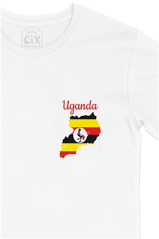Uganda Haritalı ve Bayraklı Cep Logo Tasarımlı Beyaz Tişört