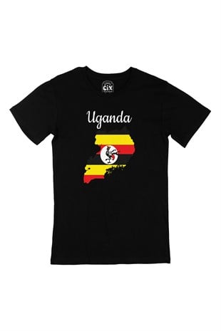 Uganda Haritalı ve Bayraklı Siyah Tişört