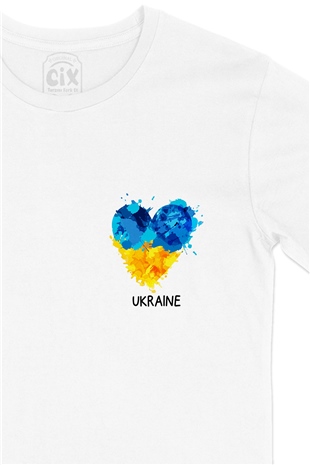 Ukraine Ukrayna Kalpli Cep Logo Tasarımlı Beyaz Tişört