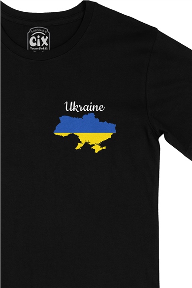 Ukrayna Haritalı ve Bayraklı Cep Logo Tasarımlı Siyah Tişört