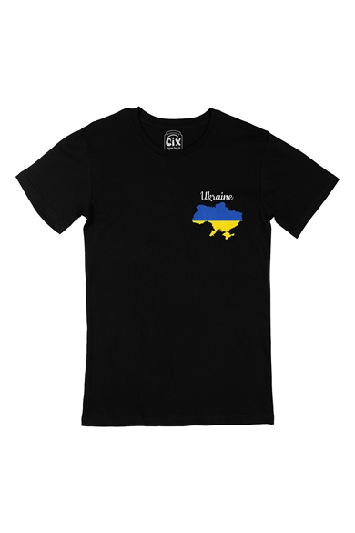 Ukrayna Haritalı ve Bayraklı Cep Logo Tasarımlı Siyah Tişört