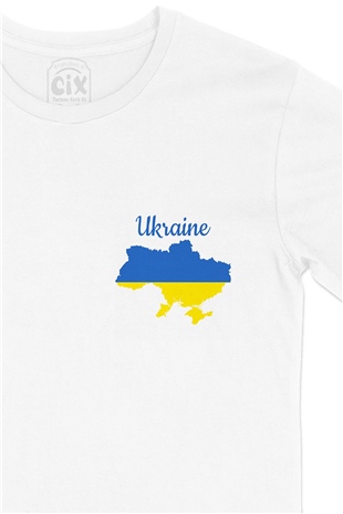 Ukrayna Haritalı ve Bayraklı Cep Logo Tasarımlı Beyaz Tişört