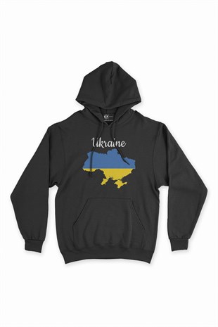 Ukrayna Haritalı ve Bayraklı Siyah Kapşonlu Sweatshirt Hoodie
