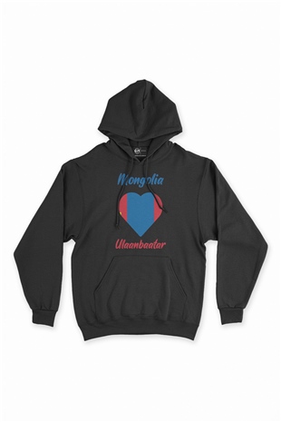 Ulan Batur Moğolistan Bayraklı Kalpli Siyah Sweatshirt Hoodie