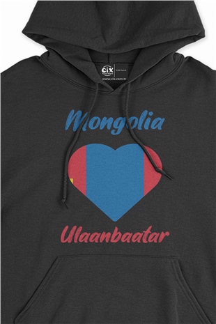 Ulan Batur Moğolistan Bayraklı Kalpli Siyah Sweatshirt Hoodie