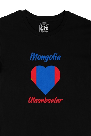Ulan Batur Moğolistan Bayraklı Kalpli Siyah Tişört