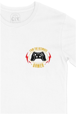 Ultimate Gamer Cep Logo Tasarımlı Beyaz Tişört