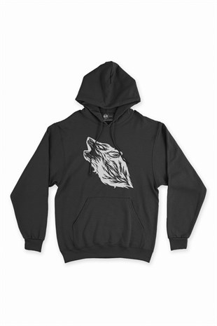 Uluyan Kurt Başlı Siyah Kapşonlu Sweatshirt Hoodie