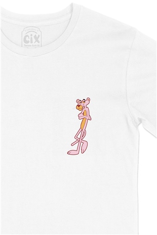 Umursamaz Pembe Panter Cep Logo Tasarımlı Beyaz Tişört