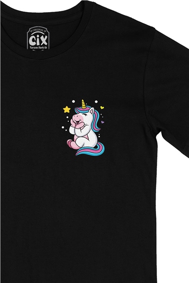 Unicorn Cep Logo Tasarımlı Siyah Tişört