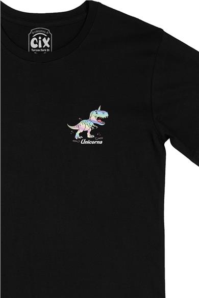 Unicorn Dinozor Cep Tasarım Baskılı Siyah Tişört