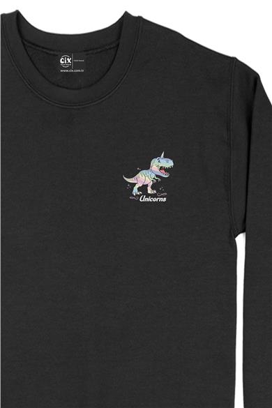 Unicorn Dinozor Cep Tasarım Baskılı Sweatshirt