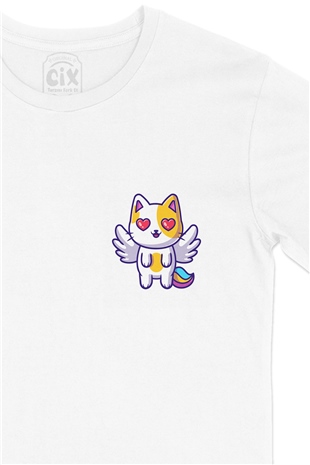 Unicorn Kedi Cep Logo Tasarımlı Beyaz Tişört