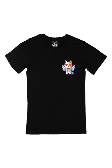 Unicorn Kedi Cep Logo Tasarımlı Siyah Tişört