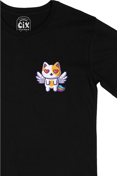 Unicorn Kedi Cep Logo Tasarımlı Siyah Tişört