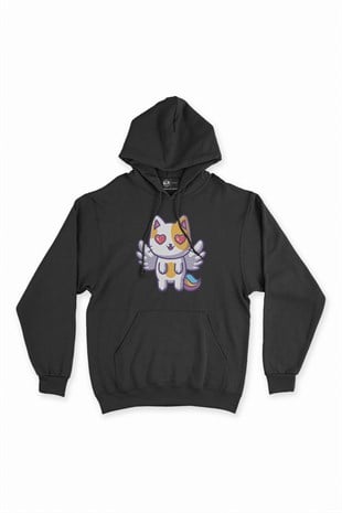 Unicorn Kedi Siyah Kapşonlu Sweatshirt Hoodie