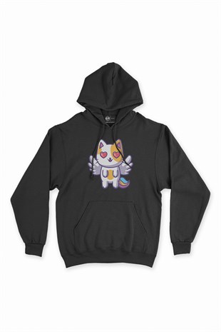 Unicorn Kedi Siyah Kapşonlu Sweatshirt Hoodie