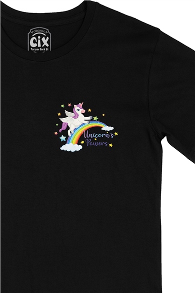 Unicorn Power Cep Logo Tasarımlı Siyah Tişört