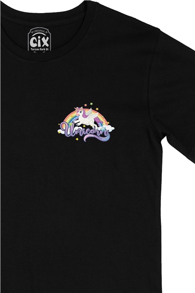 Unicorn Tasarımlı Cep Logo Tasarımlı Siyah Tişört