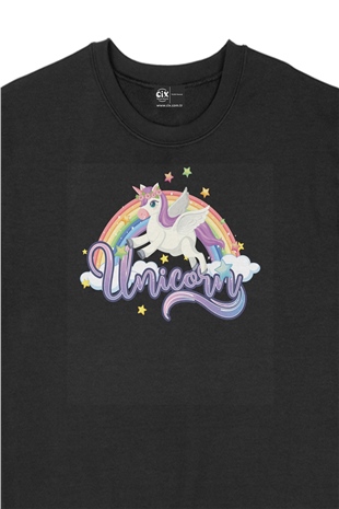 Unicorn Tasarımlı Siyah Sweatshirt