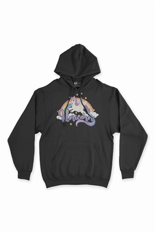 Unicorn Tasarımlı Siyah Sweatshirt Hoodie