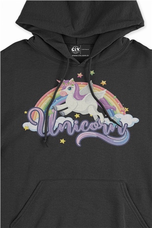 Unicorn Tasarımlı Siyah Sweatshirt Hoodie