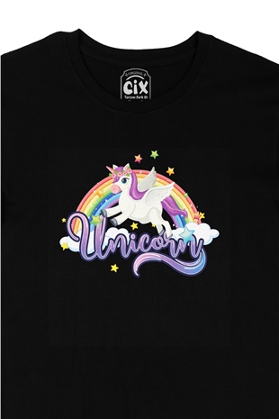 Unicorn Tasarımlı Siyah Tişört