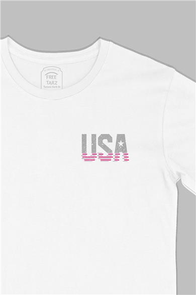USA Amerika Tasarım Baskılı Cep Tasarım Beyaz Tişört