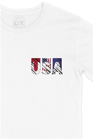 USA Amerika Tasarım Cep Logo Tasarımlı Beyaz Tişört