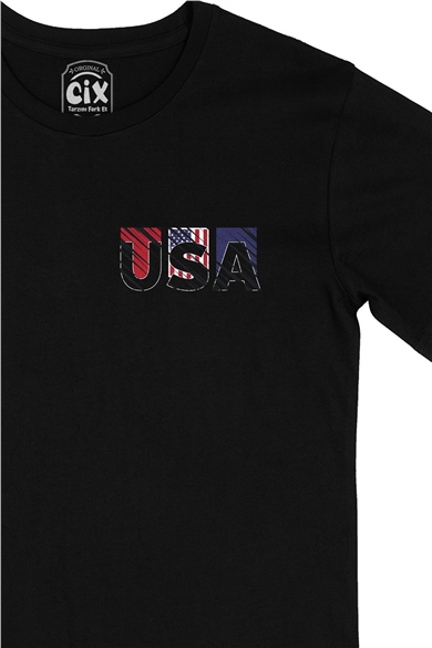 USA Amerika Tasarım Cep Logo Tasarımlı Siyah Tişört