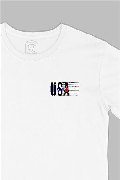 Usa Kızıl Yıldız Baskılı Cep Tasarım Beyaz Tişört