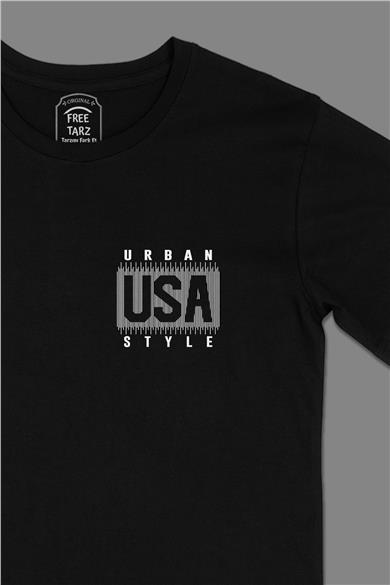 USA Urban Style Cep Tasarımlı Siyah Tişört