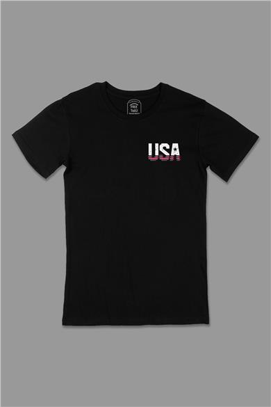 USA Yıldızlı Cep Tasarımlı Siyah Tişört