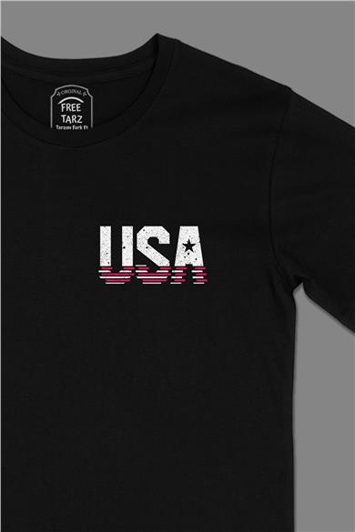 USA Yıldızlı Cep Tasarımlı Siyah Tişört