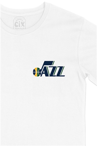 Utah Jazz Cep Logo Tasarımlı Beyaz Tişört
