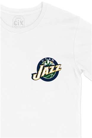 Utah Jazz Logolu Cep Logo Tasarımlı Beyaz Tişört