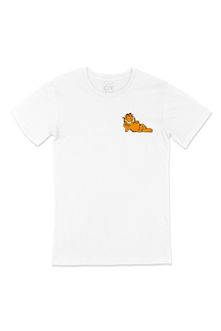 Uykucu Garfield Cep Logo Tasarımlı Beyaz Tişört