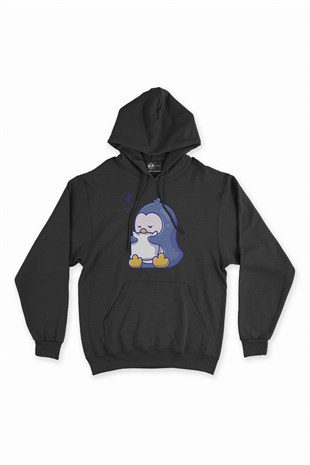 Uykucu Penguen Siyah Kapşonlu Sweatshirt Hoodie