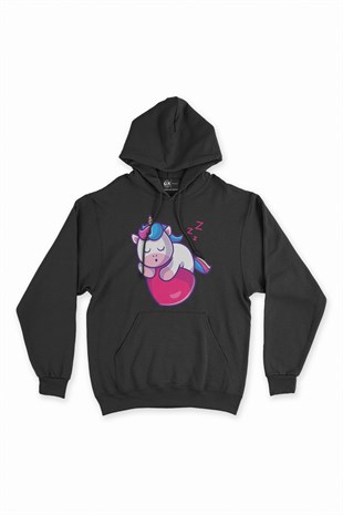 Uykucu Unicorn Siyah Kapşonlu Sweatshirt Hoodie