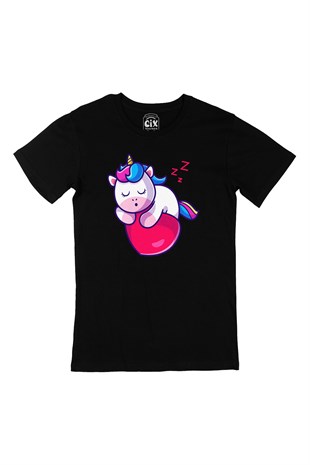Uykucu Unicorn Siyah Tişört