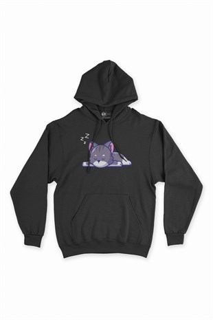 Uyuyan Kedi Siyah Kapşonlu Sweatshirt Hoodie