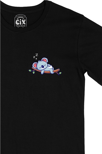 Uyuyan Koala Cep Logo Tasarımlı Siyah Tişört