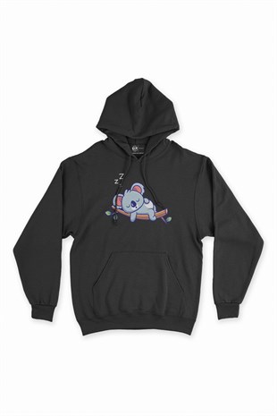 Uyuyan Koala Siyah Kapşonlu Sweatshirt Hoodie