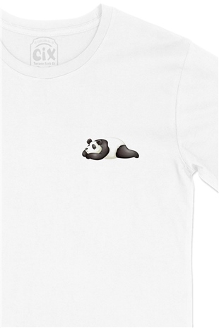 Uyuyan Panda Baskılı Cep Logo Tasarımlı Beyaz Tişört