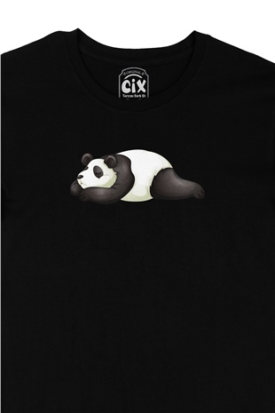 Uyuyan Panda Baskılı Siyah Tişört
