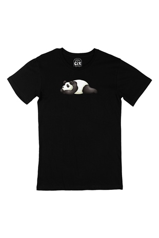 Uyuyan Panda Baskılı Siyah Tişört