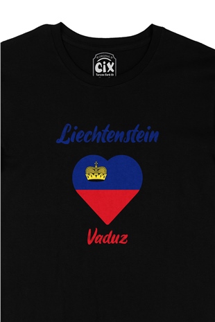 Vaduz Lihteştayn Bayraklı Kalpli Siyah Tişört